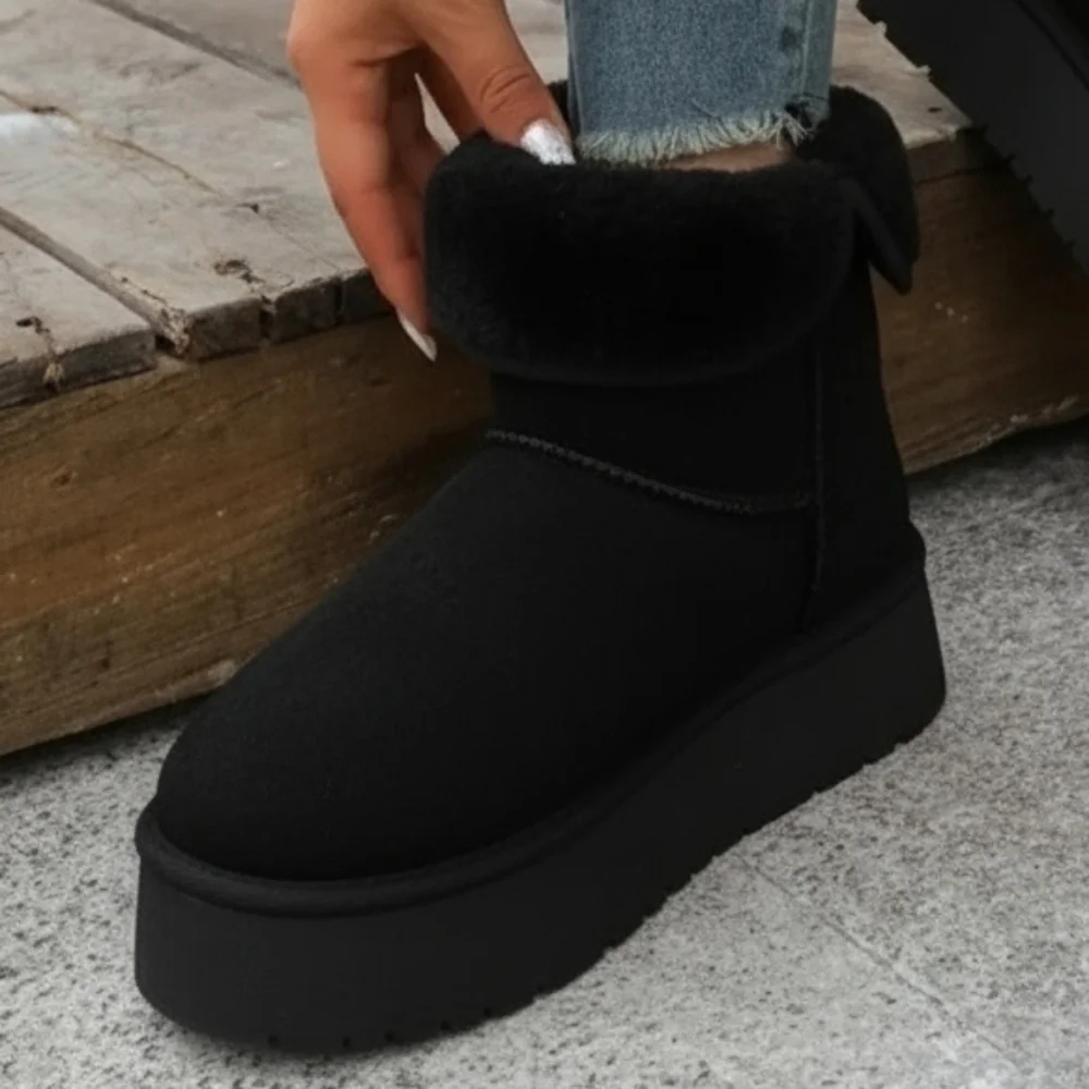 Platform Classic Short Boot Plush Faux Fur Vegan Suede Chunky Lug Winter Shoes